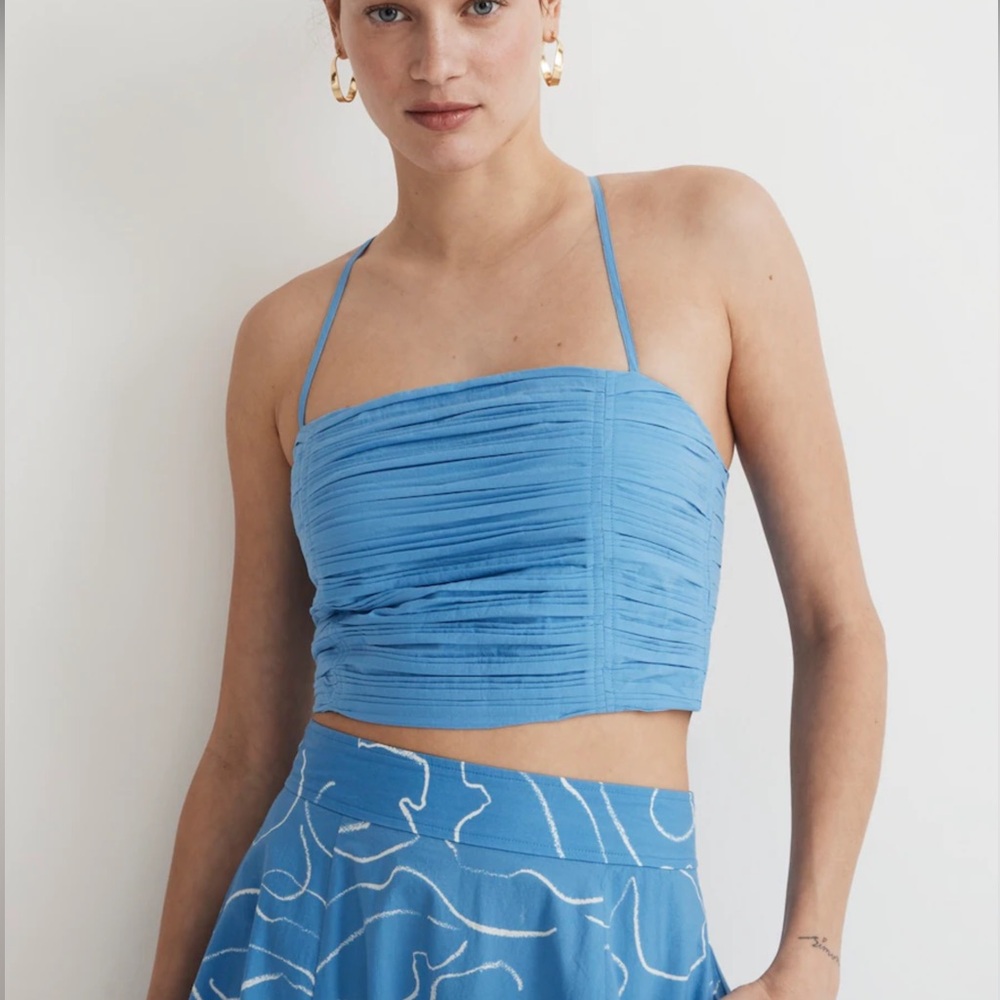 Madewell Blue Pleated Poplin Cropped Tube Top 8